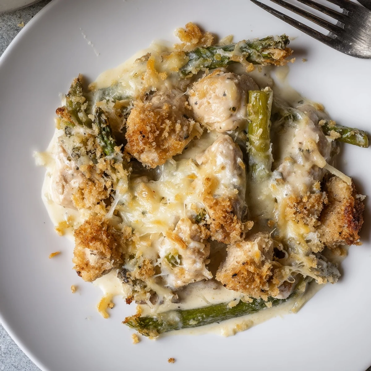Oven-fresh Creamy Chicken Asparagus Bake steaming, rich cream sauce, tender bites
