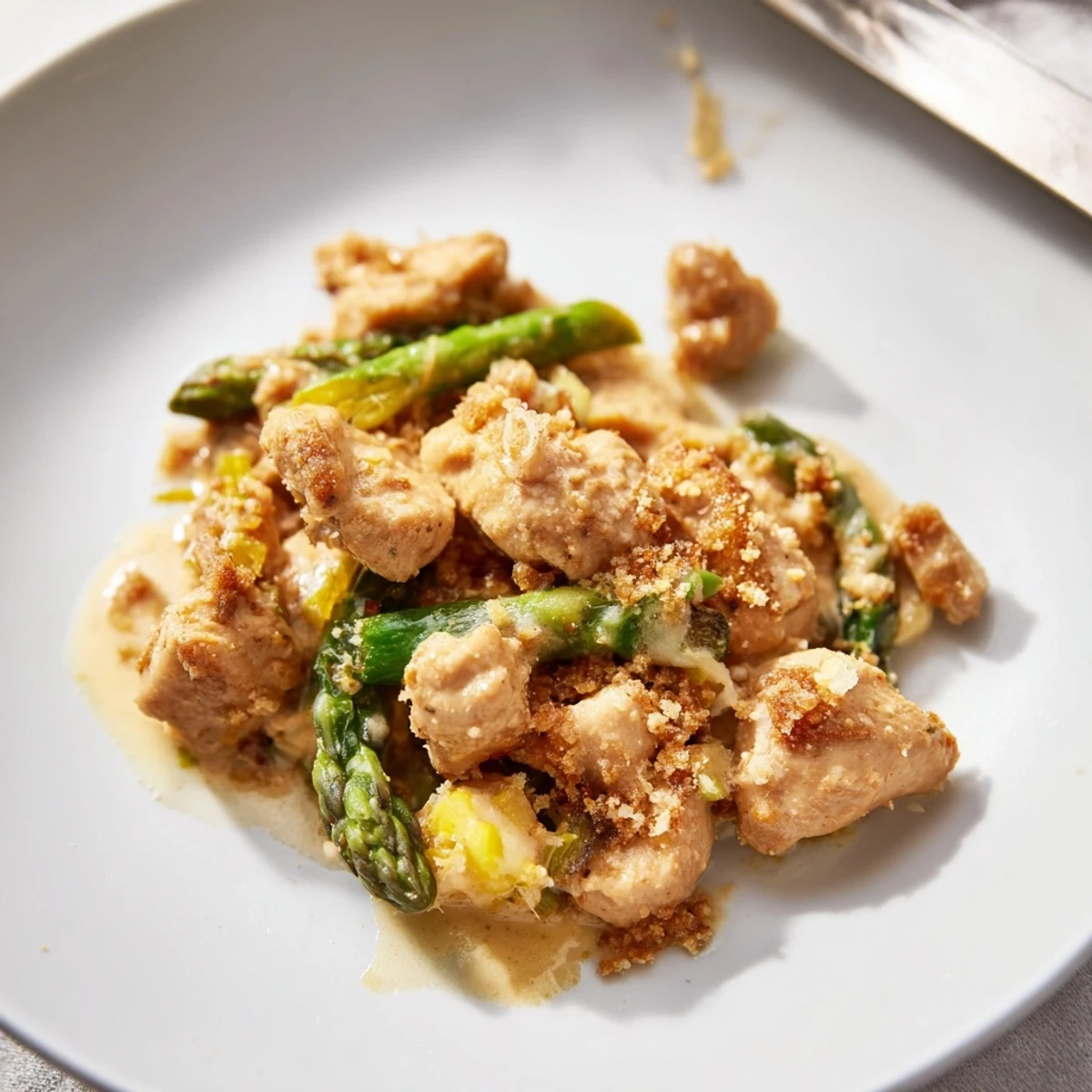 Weeknight Creamy Chicken Asparagus Bake served warm with buttery, crispy breadcrumb topping