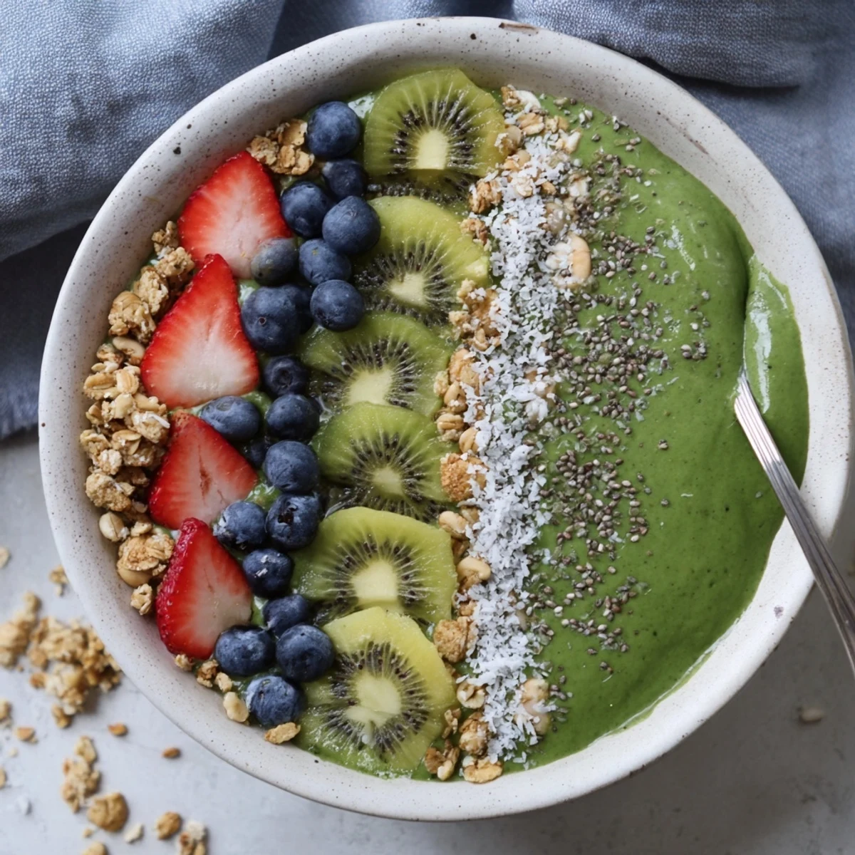 Creamy Green Smoothie Bowls garnished with coconut flakes and hemp seeds
