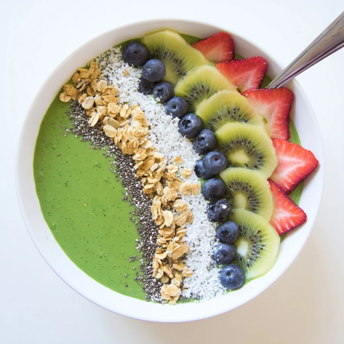 Vibrant Green Smoothie Bowls dusted with chia seeds and tropical mango