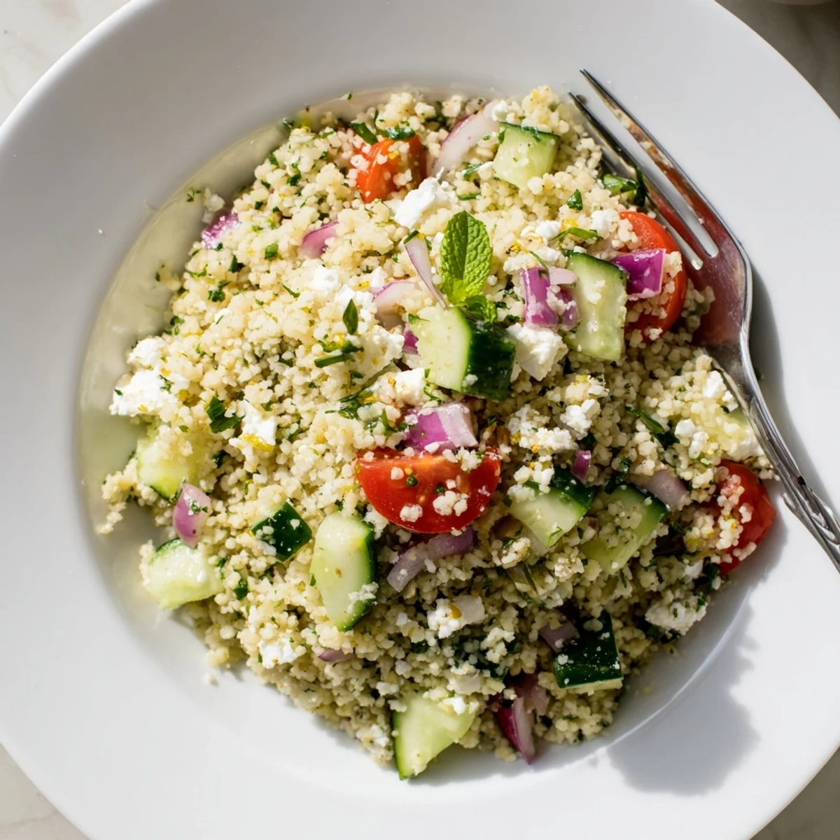 Cucumber Lemon Couscous Salad glistening with bright lemon dressing and herbs