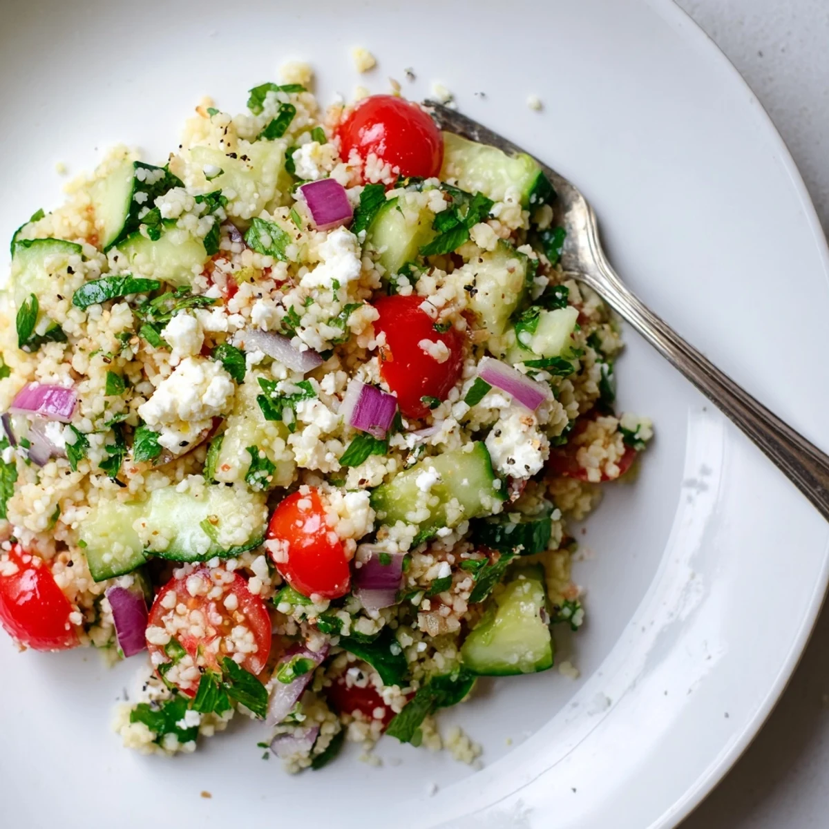 Chilled Cucumber Lemon Couscous Salad served alongside grilled chicken for summer
