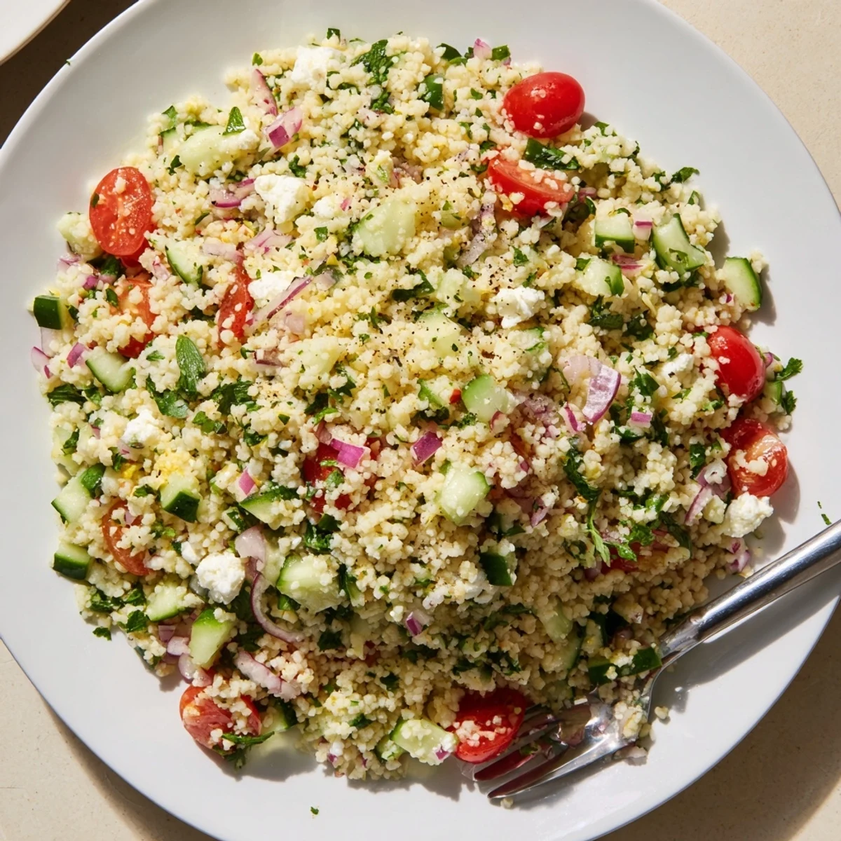Bowl of Cucumber Lemon Couscous Salad studded with mint, parsley, and feta