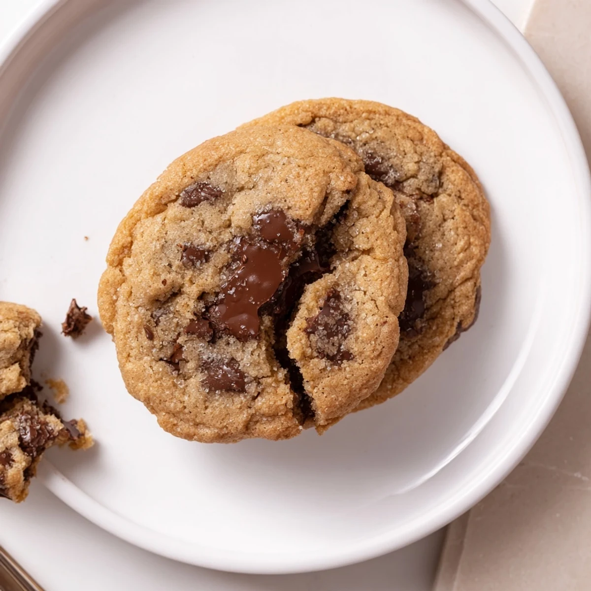 Warm Brown Butter Chocolate Chip Cookies cooling on a rack, gooey centers  