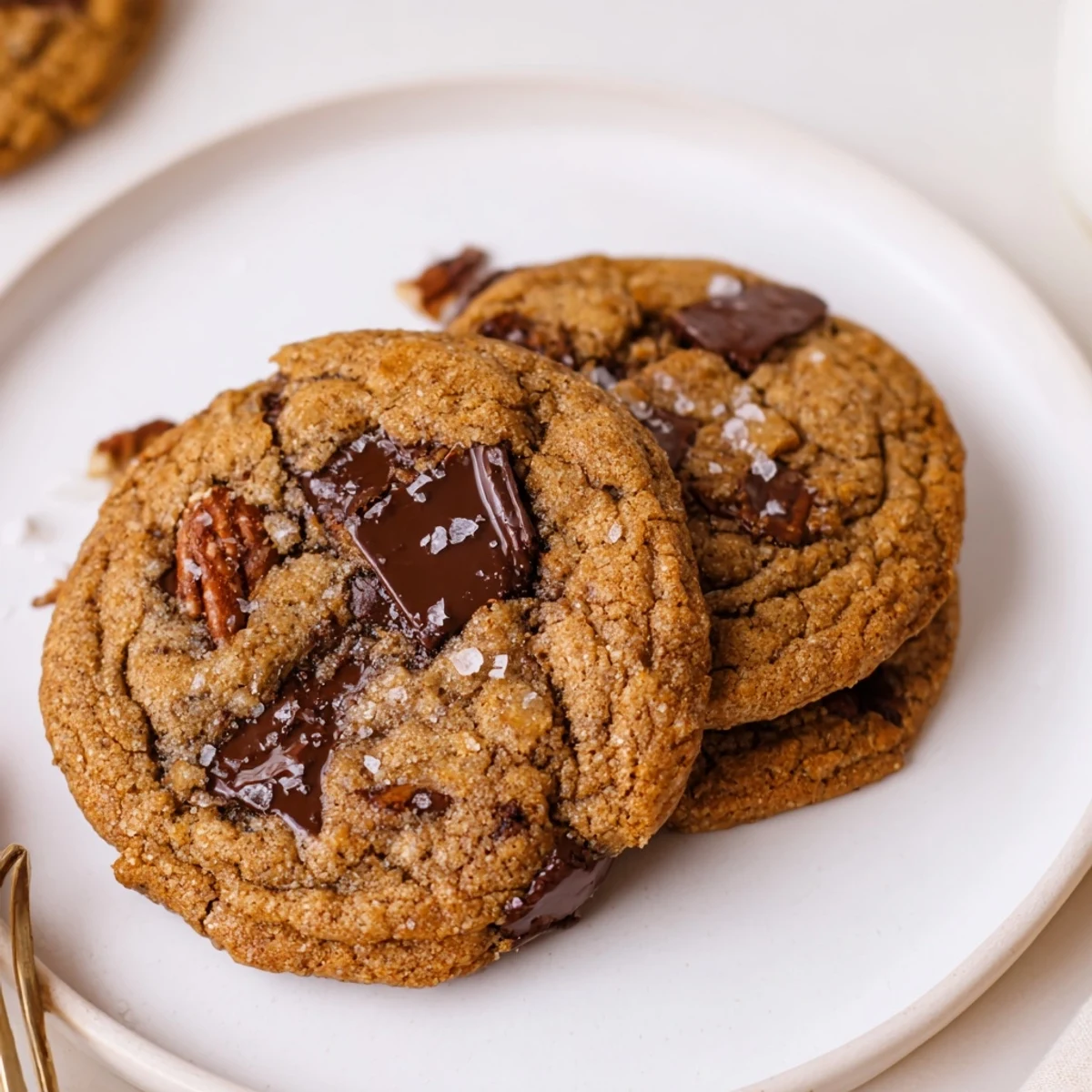 Stacked Brown Butter Chocolate Chip Cookies sprinkled with flaky sea salt, caramelized aroma  