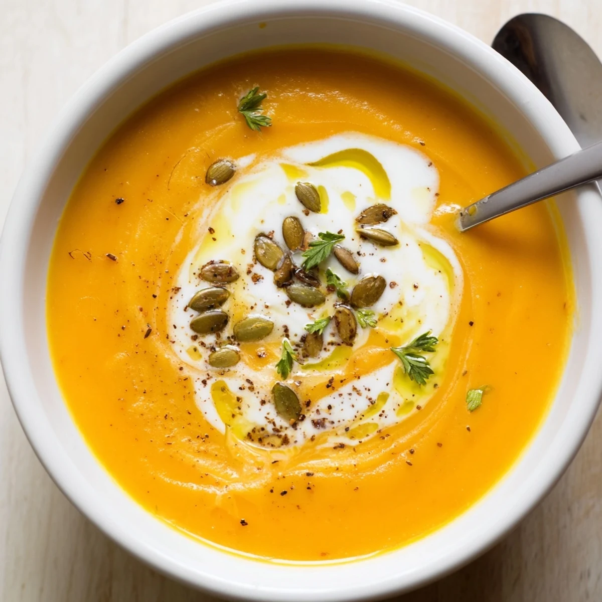 Creamy Carrot Soup steaming in bowl, spiced aroma and parsley garnish