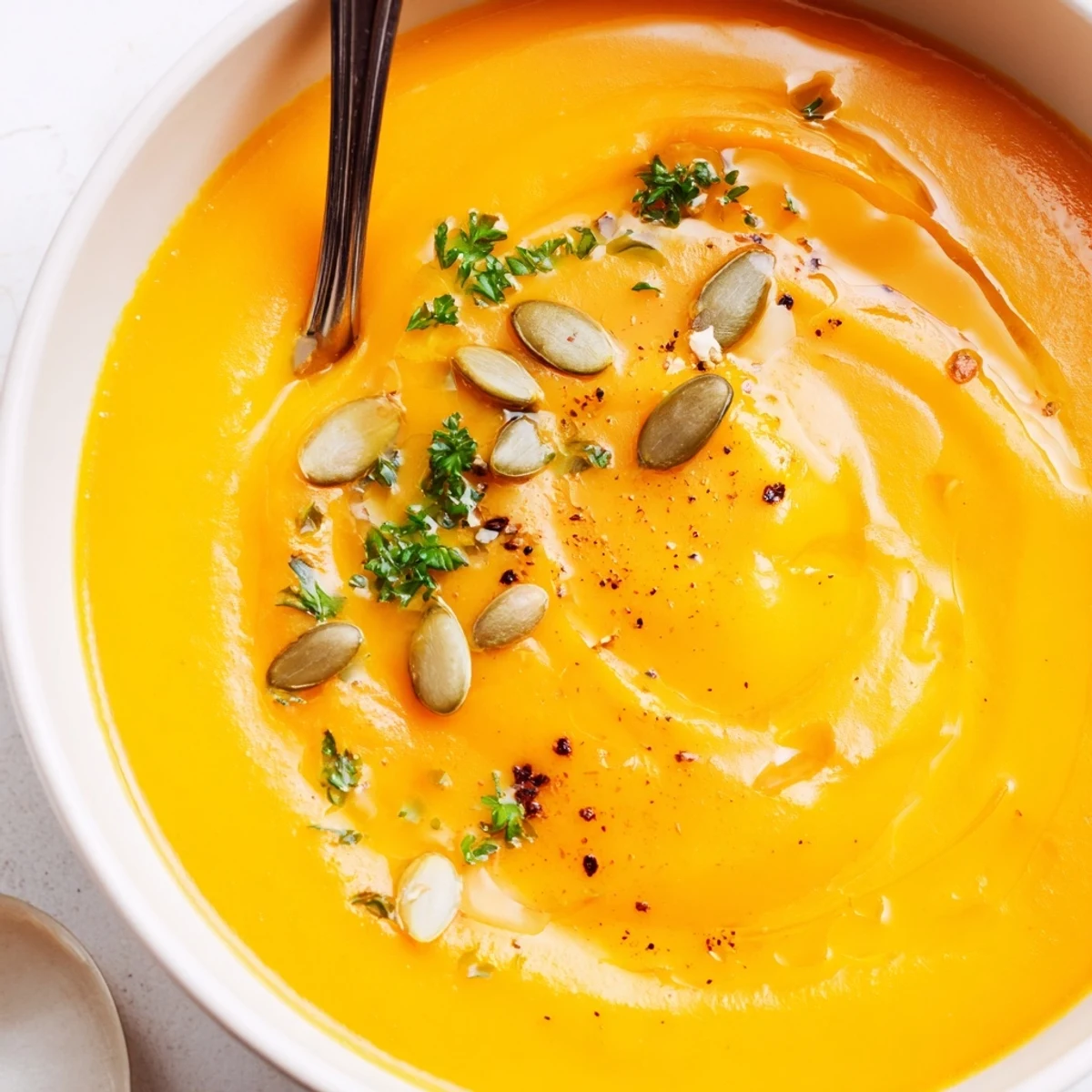 Velvety Carrot Soup pureed smooth, warm ladle topped with chives