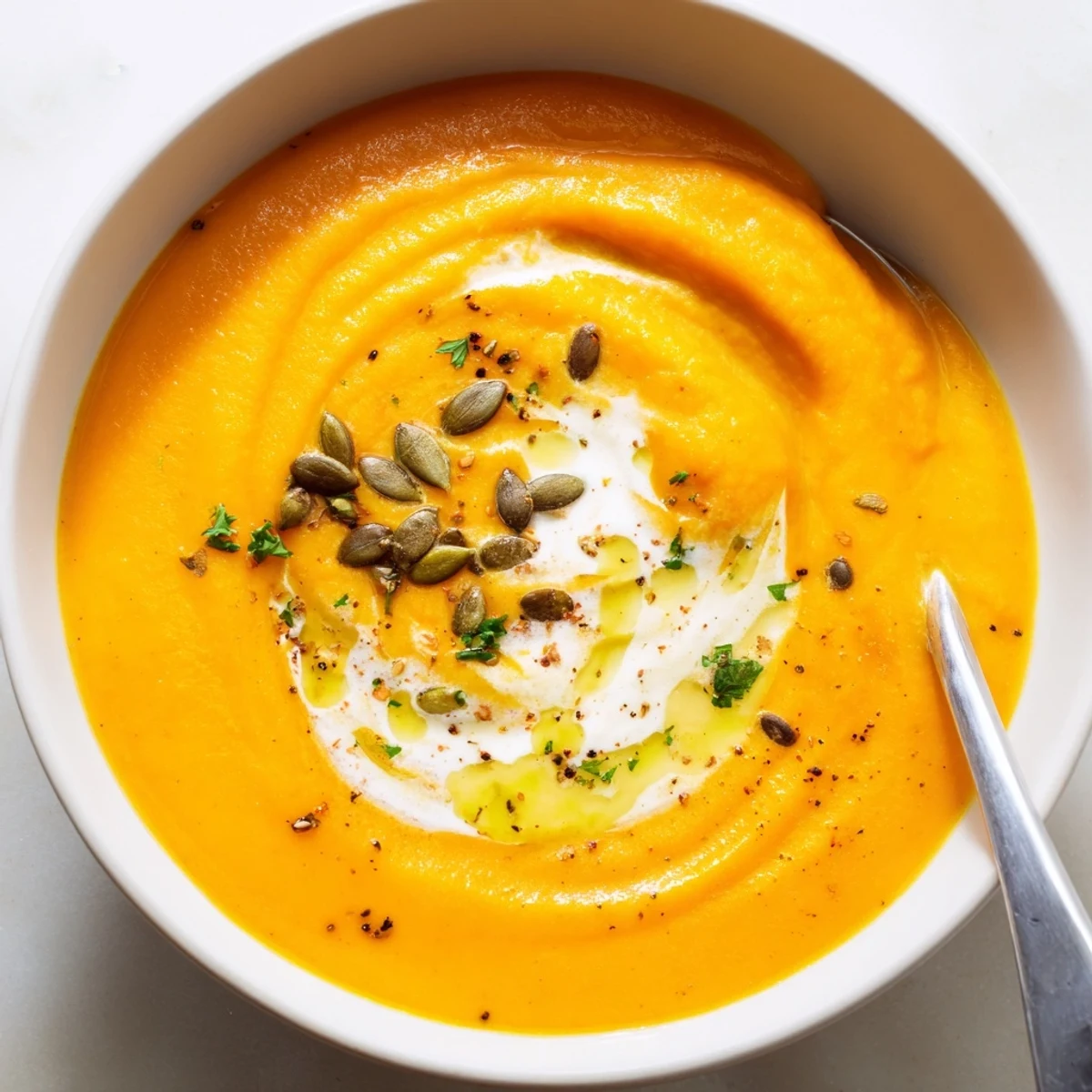 Bright orange Carrot Soup with coconut cream, crusty bread on side