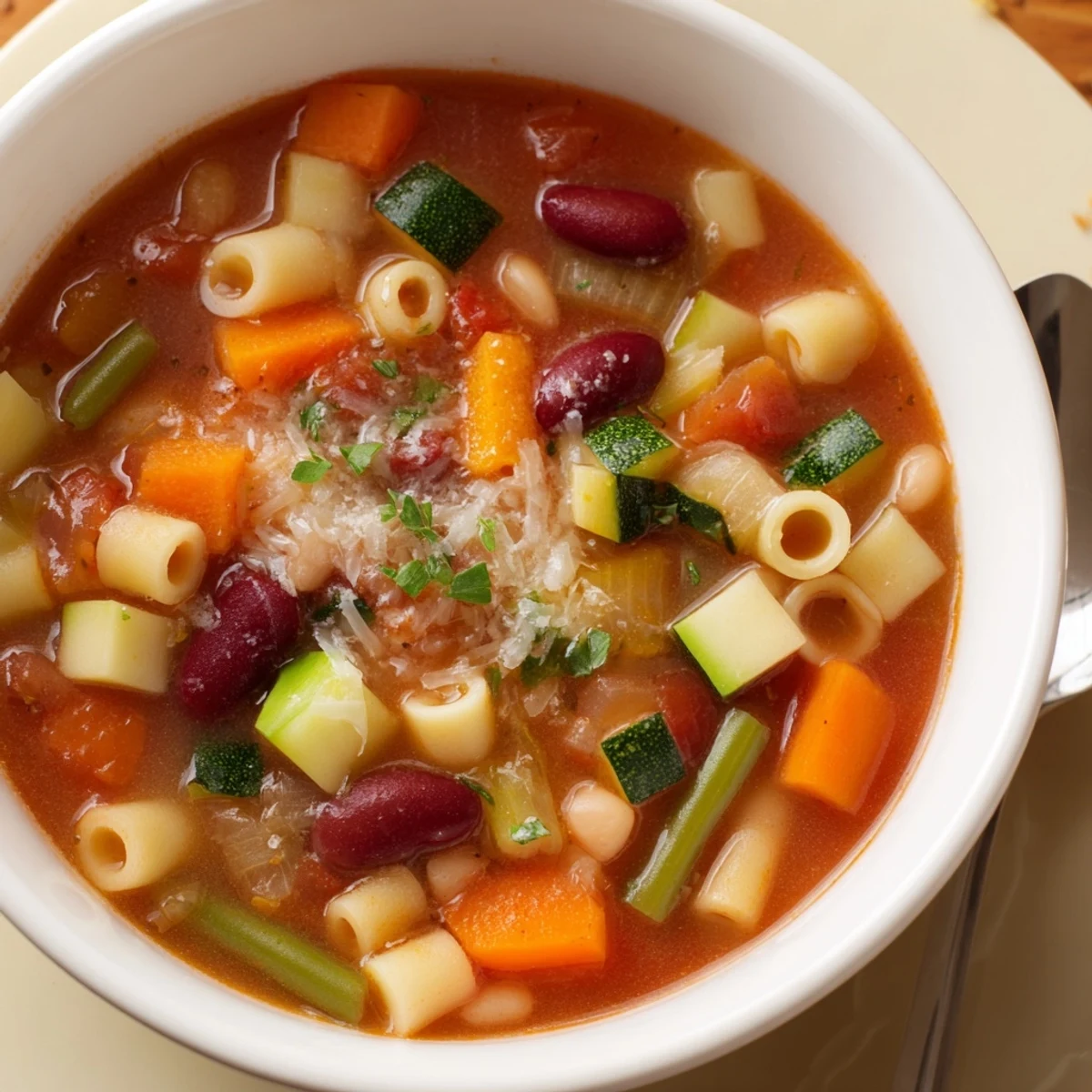 Steaming bowl of Minestrone Soup with chunky beans, pasta, and vegetables