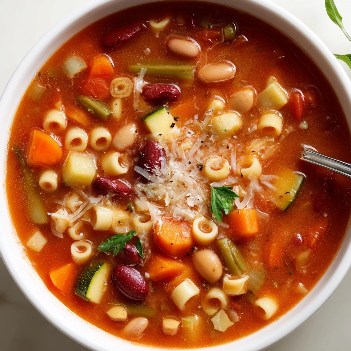 Homestyle Minestrone Soup ladled over small pasta, garnished with grated Parmesan