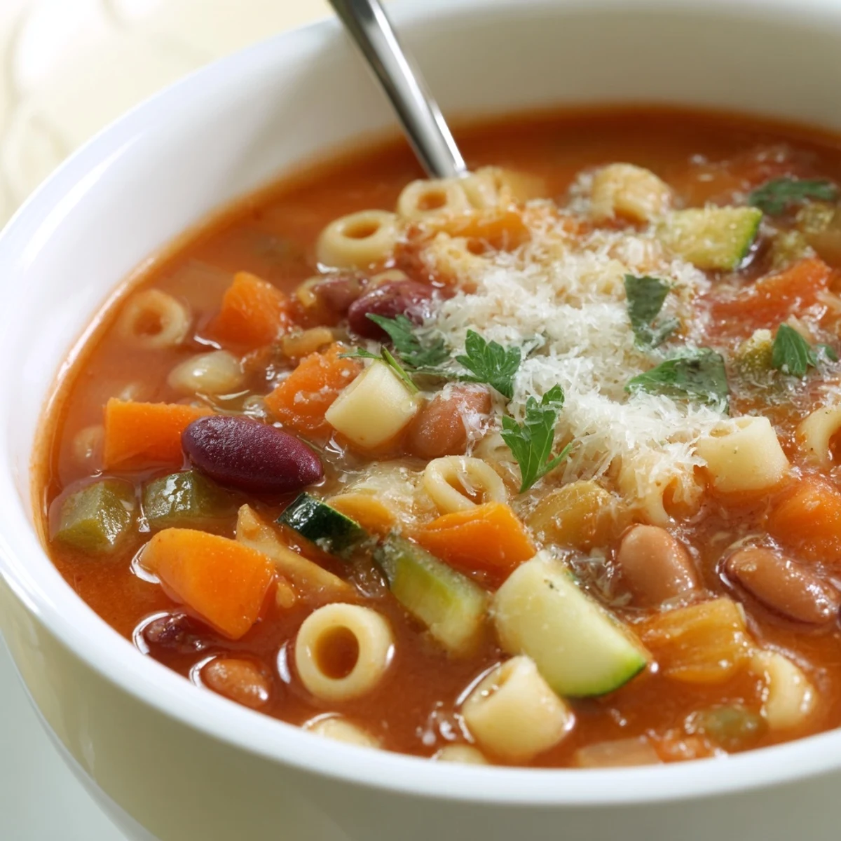 Minestrone Soup served with crusty bread, aromatic tomato broth and parsley