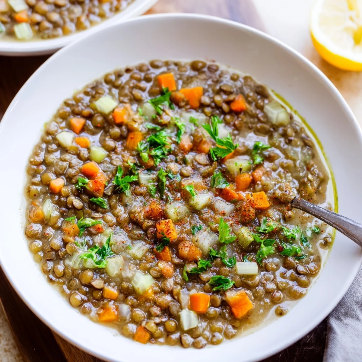 Steaming bowl of Lentil Soup with parsley garnish and crusty bread