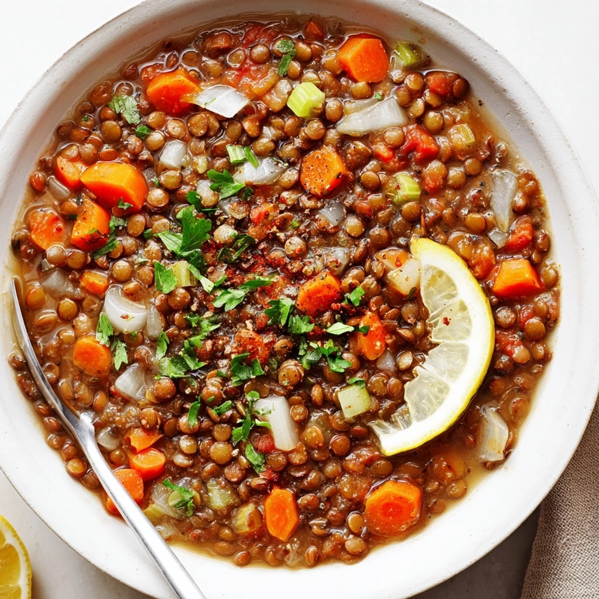 Rustic pot of Lentil Soup simmering, fragrant cumin and lemon brightening