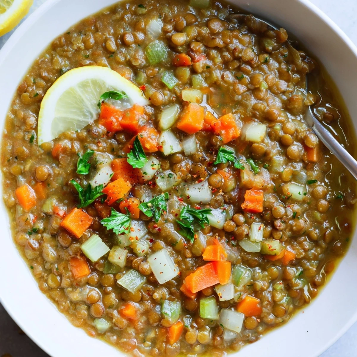 Creamy Lentil Soup ladled into a bowl, warm, earthy and hearty