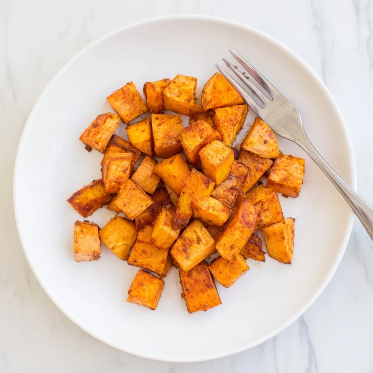 Crispy air fryer sweet potato cubes arranged on a white plate, golden brown and sprinkled with sea salt