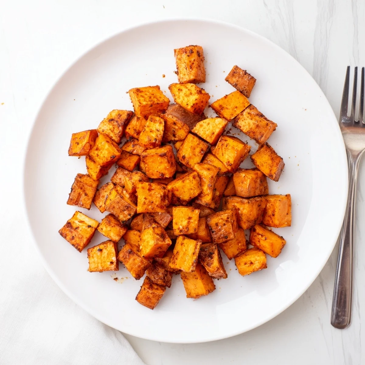 Golden air fryer sweet potato cubes with crispy edges and tender centers, seasoned with smoky paprika and garlic