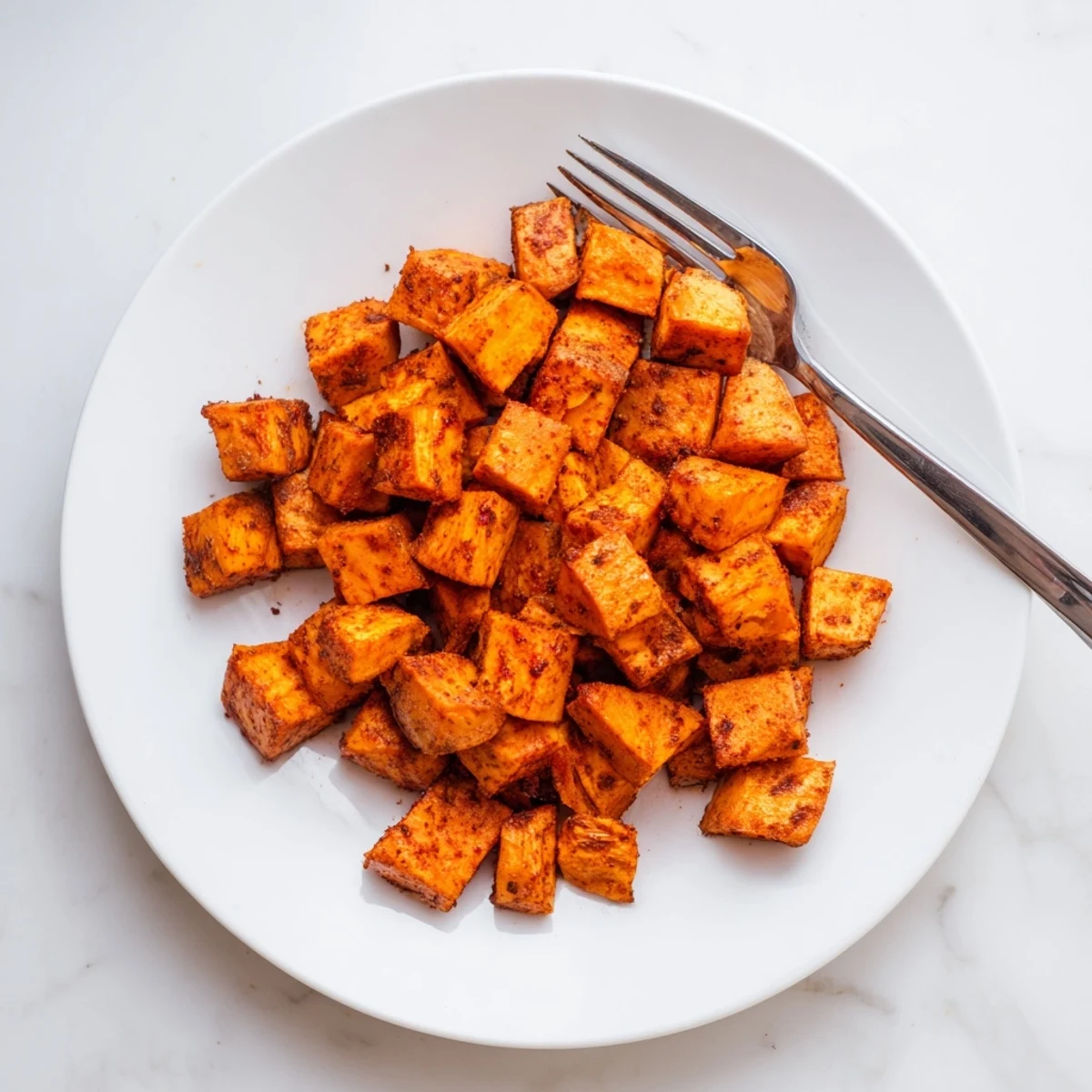 A bowl of perfectly air fried sweet potato cubes garnished with fresh herbs, ready to serve as a healthy side