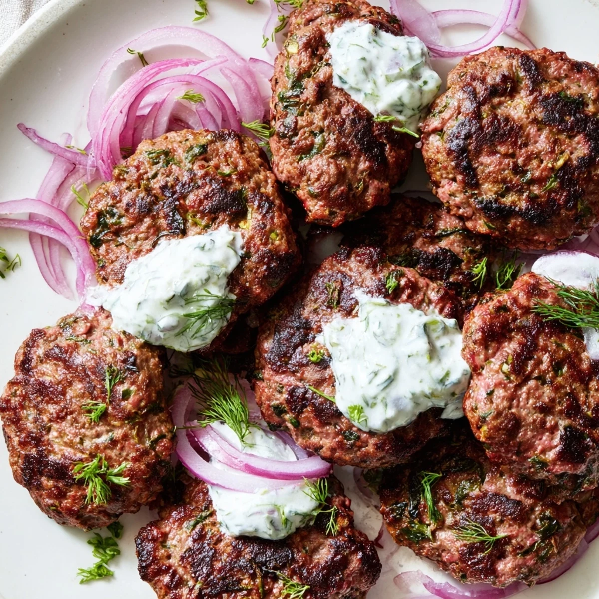 Sizzling Middle Eastern smashed beef kebabs with charred edges paired with cool cucumber yogurt dip and warm flatbread