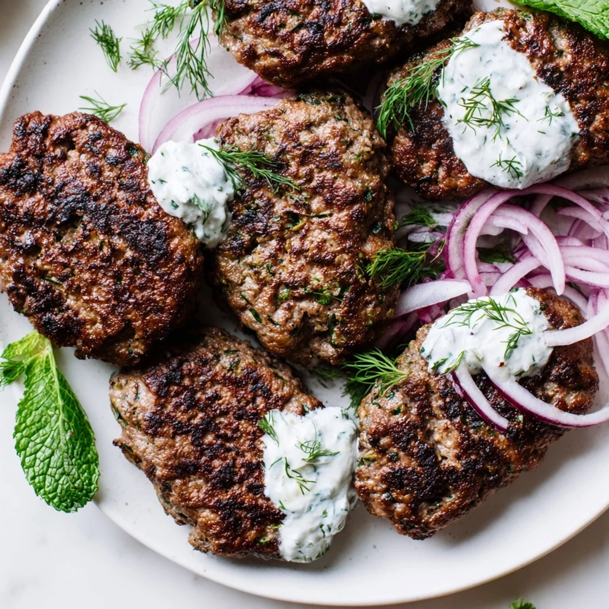 Golden brown smashed beef kebabs served with creamy cucumber yogurt sauce and fresh herbs on a rustic wooden board
