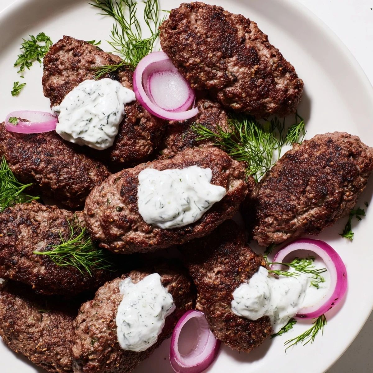 Juicy hand-shaped smashed beef kebabs atop cucumber yogurt sauce garnished with red onion slices and fresh dill