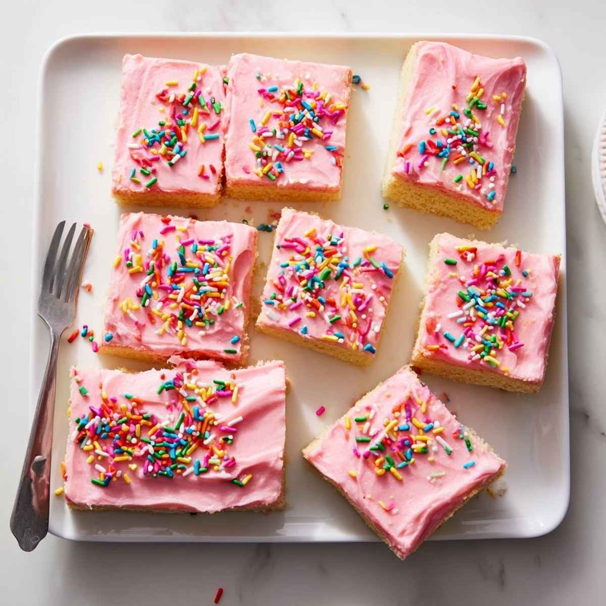 Soft buttery sugar cookie bars spread with smooth white frosting on a serving platter