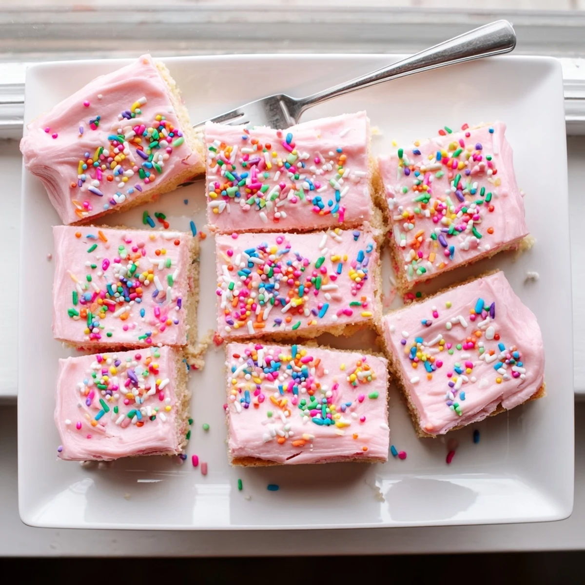 Golden frosted sugar cookie bars topped with creamy vanilla frosting and colorful sprinkles