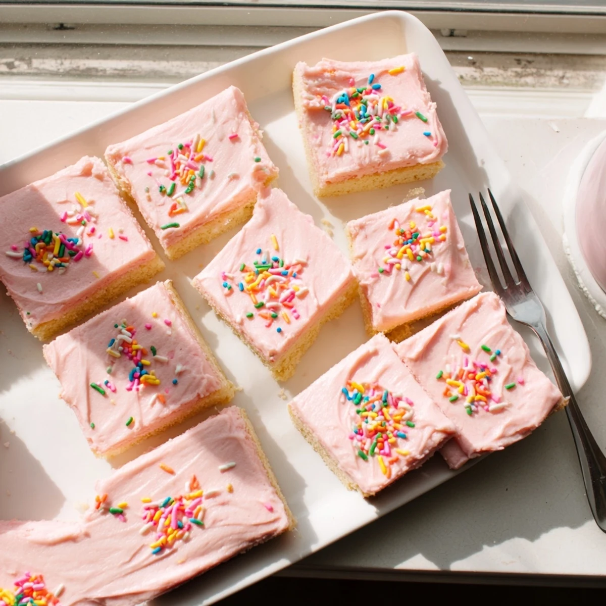 Thick sugar cookie bars layered with sweet buttercream frosting and festive rainbow sprinkles