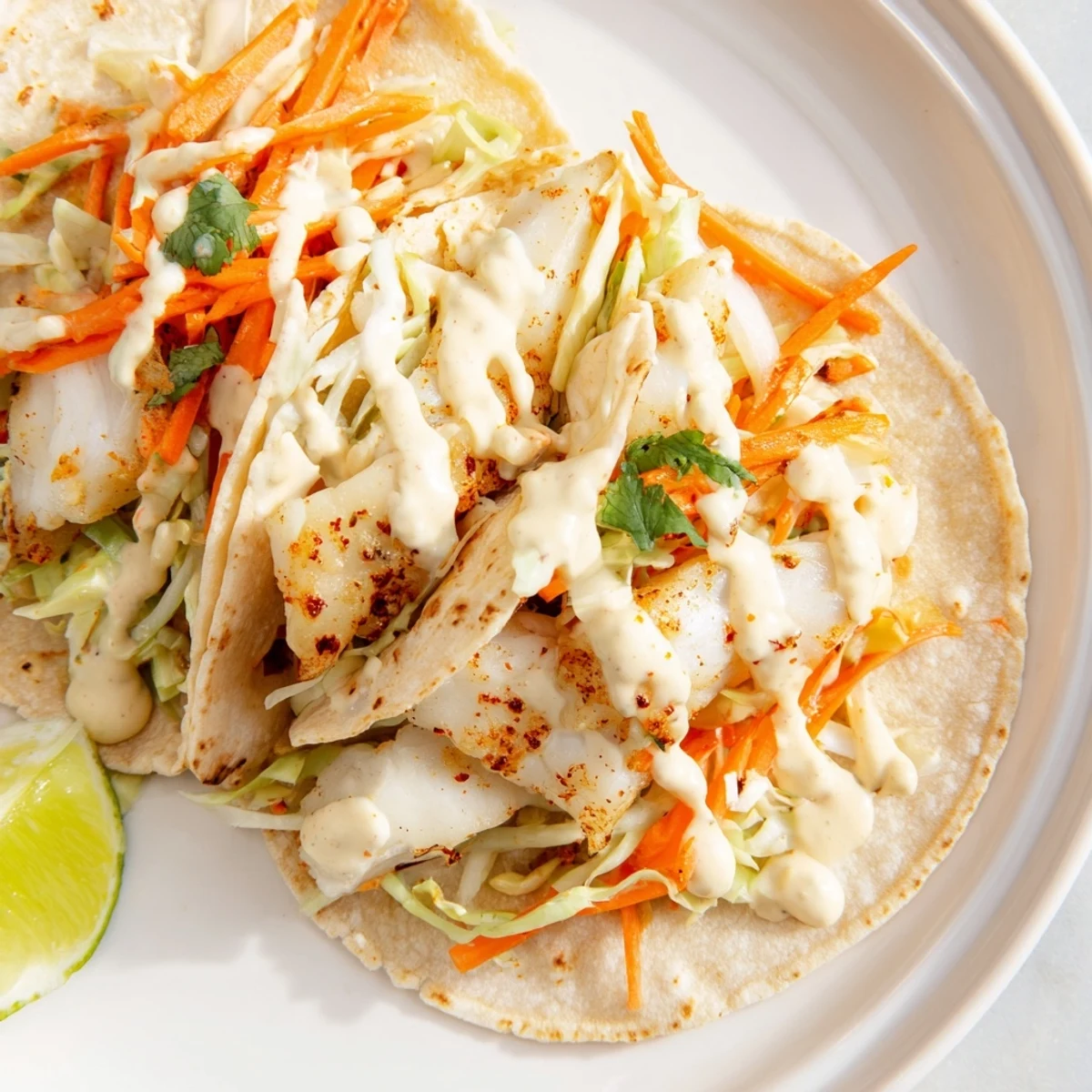 Golden baked cod fish tacos topped with crunchy cabbage slaw and zesty cilantro lime sauce