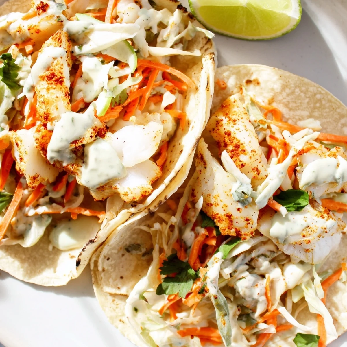 Fresh baked cod fish tacos piled high with colorful slaw and vibrant green cilantro lime sauce