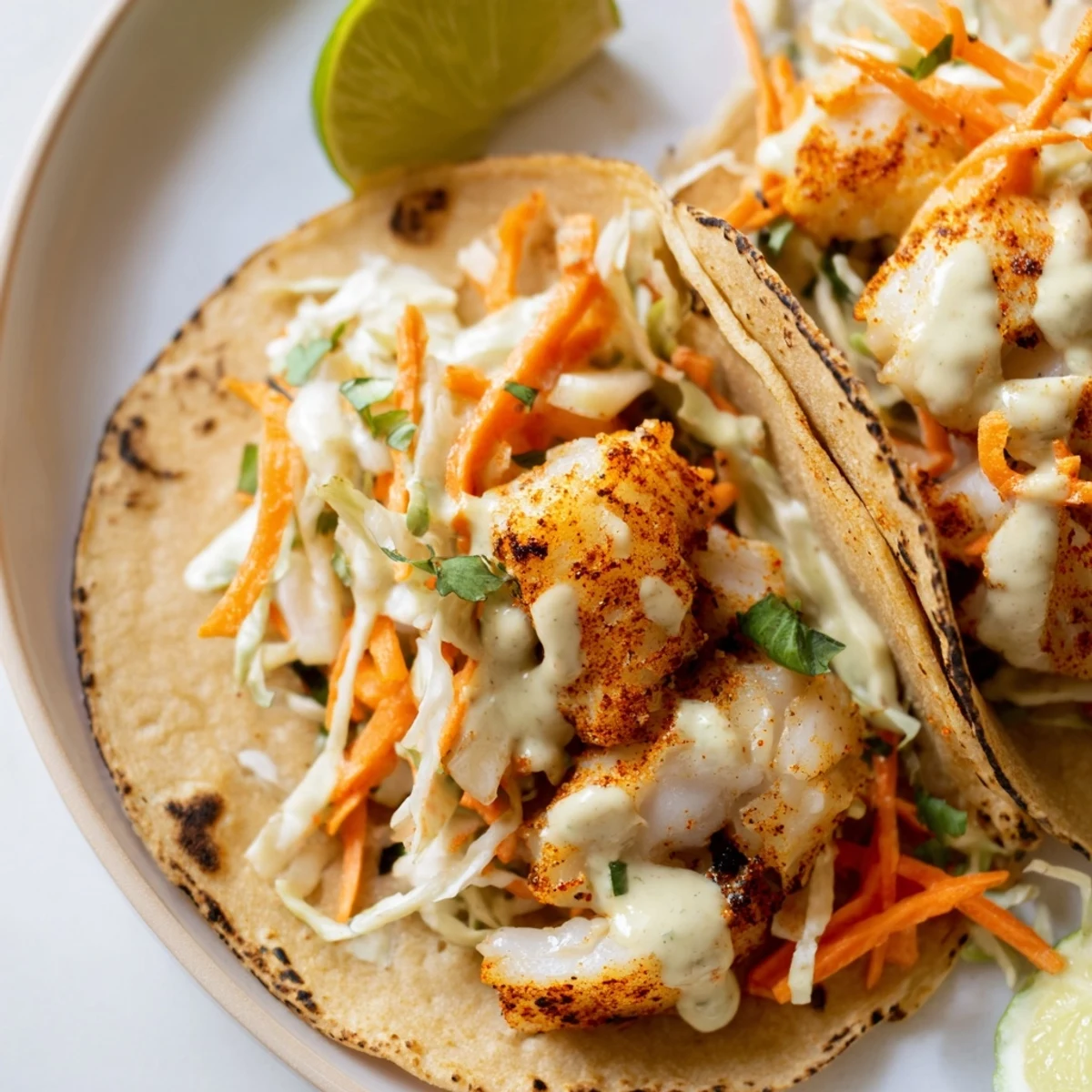 Warm corn tortillas filled with flaky baked cod fish tacos drizzled with creamy cilantro dressing
