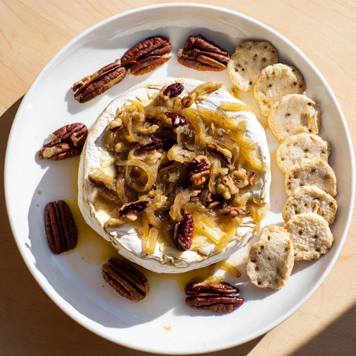 Golden wheel of baked brie with caramelized onions and crunchy toasted pecans