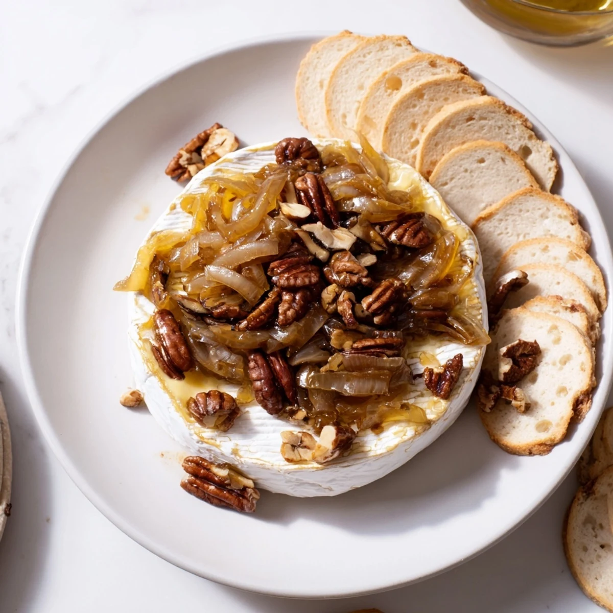 Warm melted baked brie with caramelized onions and pecans served with baguette