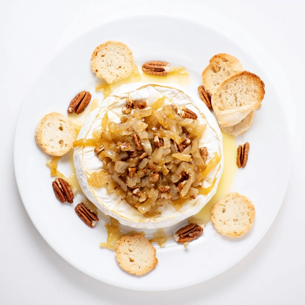 Creamy baked brie topped with sweet onions and pecans on a wooden board