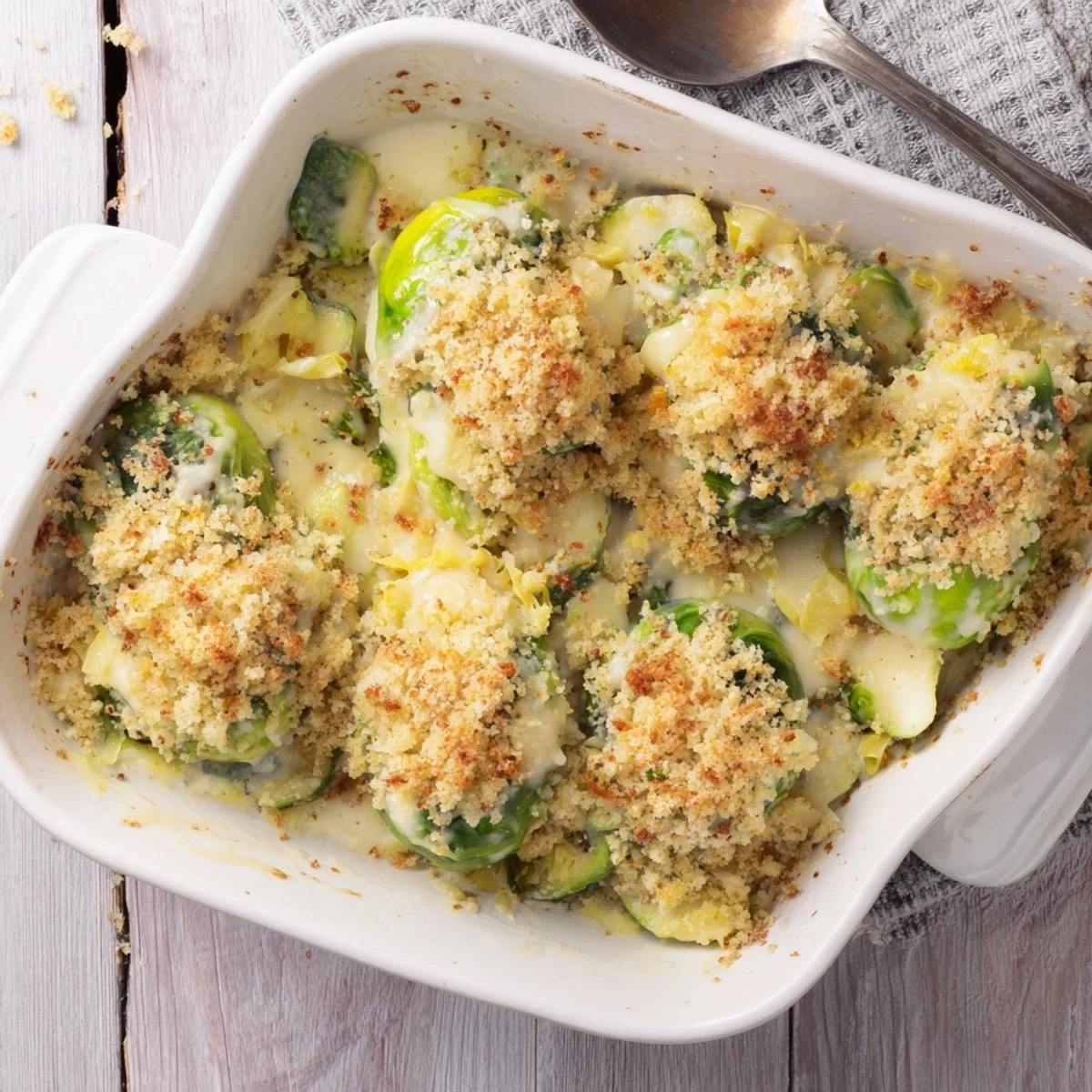 Golden brown creamy Parmesan Brussels sprouts casserole topped with melted cheese and crispy breadcrumbs