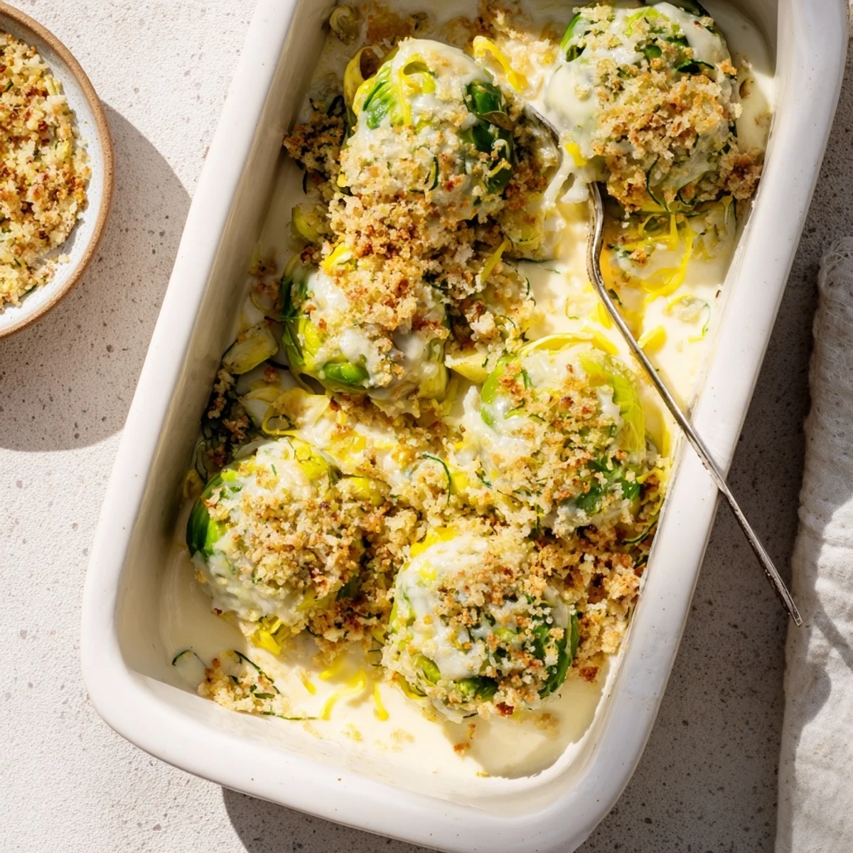 Hearty casserole dish featuring tender halved Brussels sprouts coated in velvety Parmesan cream sauce