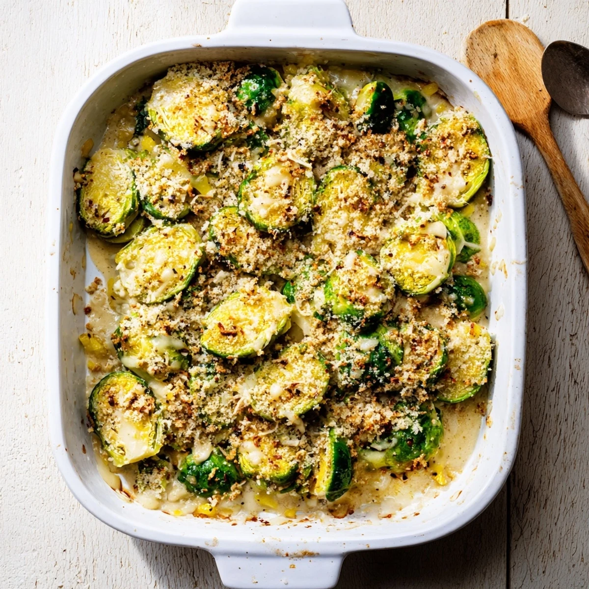 Baked Brussels sprouts swimming in rich white cheese sauce with golden mozzarella and Parmesan crust