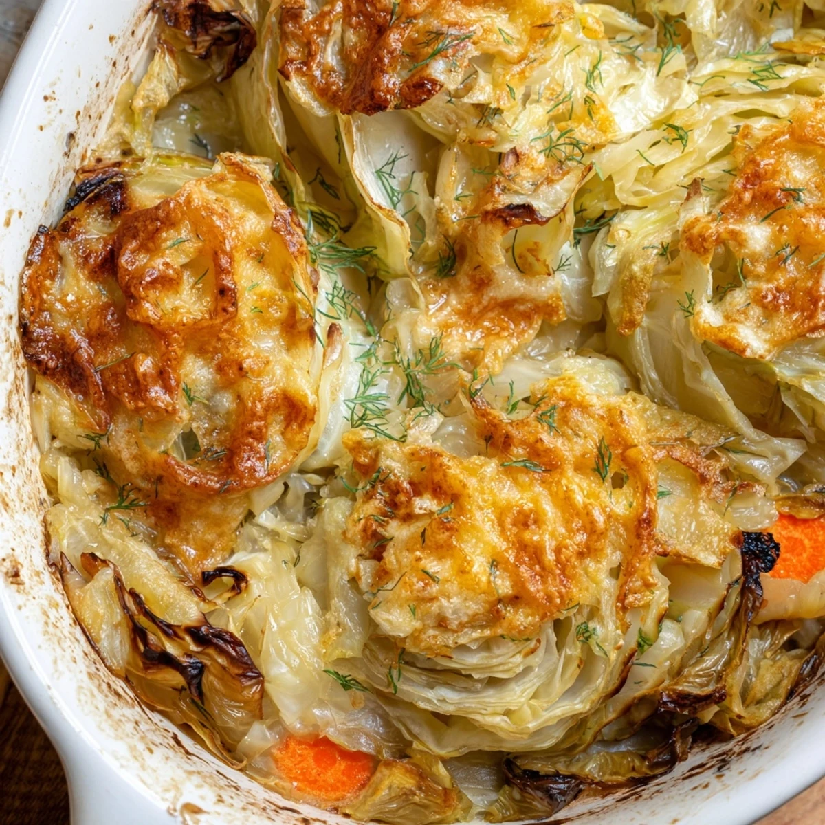 Hearty German cabbage casserole slow baked with caramelized onions and fragrant caraway seeds