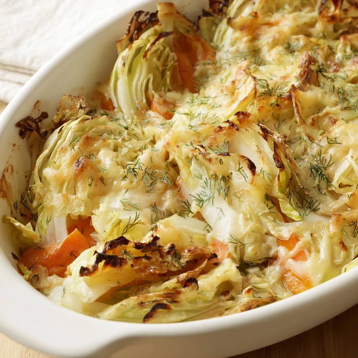 Golden brown slow roasted cabbage and sauerkraut casserole topped with melted Gruyère cheese