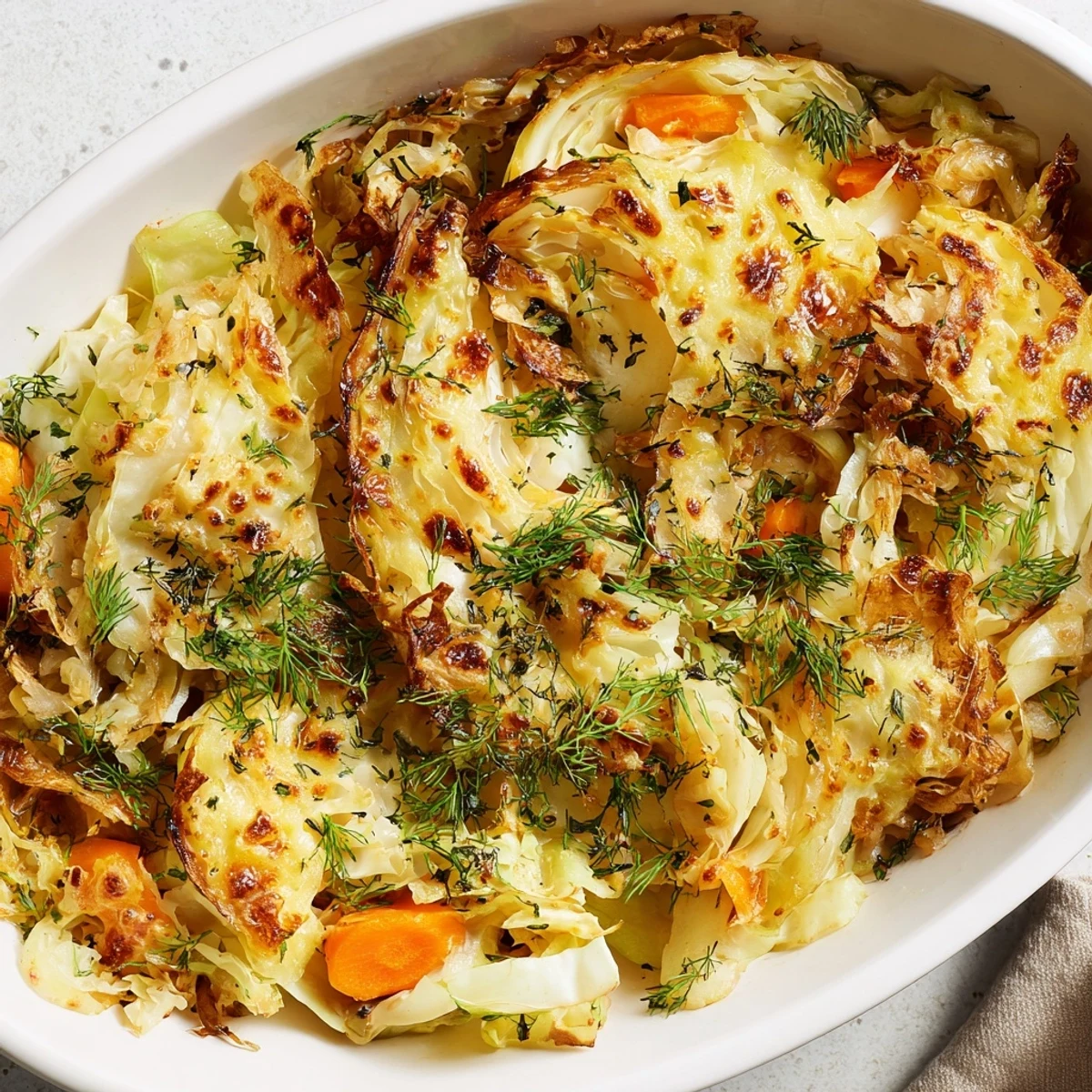 Tender slow roasted cabbage and sauerkraut casserole served with dollop of creamy sour cream