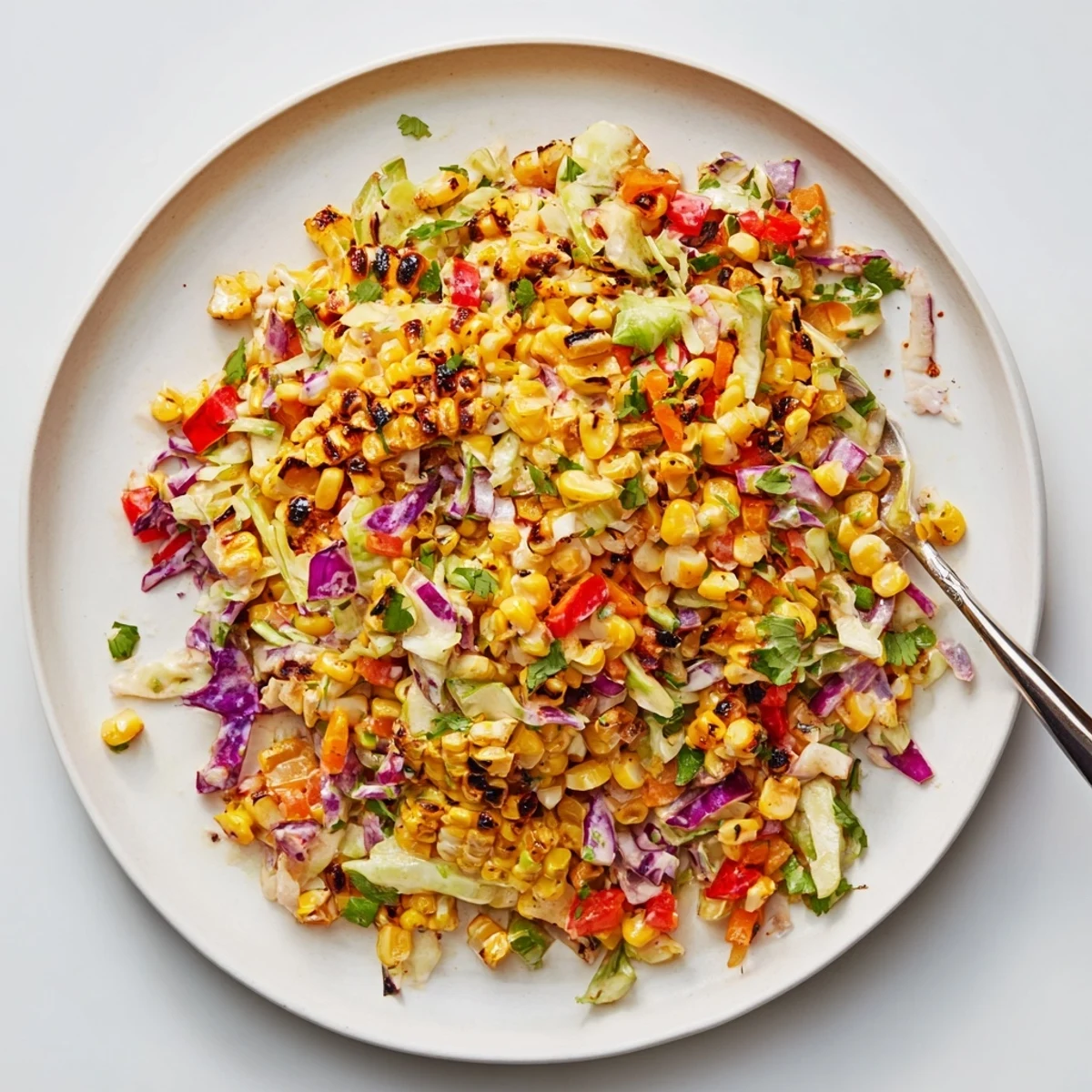 Mexican Corn Coleslaw with charred sweet corn, crisp cabbage, zesty lime aroma