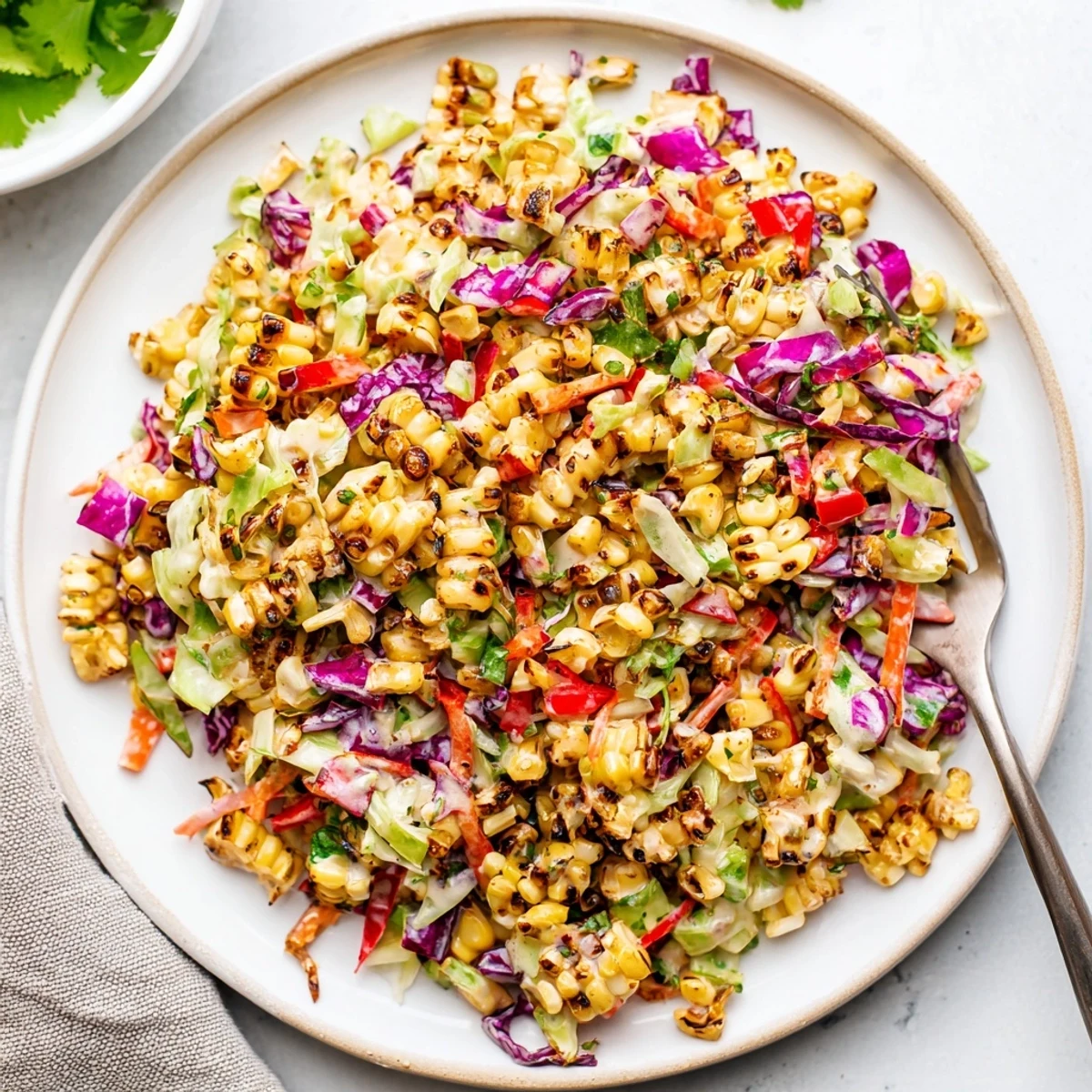 Bowl of Mexican Corn Coleslaw tossed in creamy lime dressing, fresh cilantro