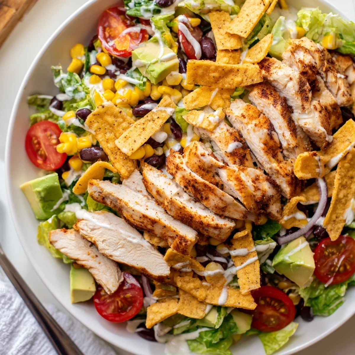 Smoky grilled chicken over Spicy Southwest Salad With Spicy Ranch Dressing, avocado and lime