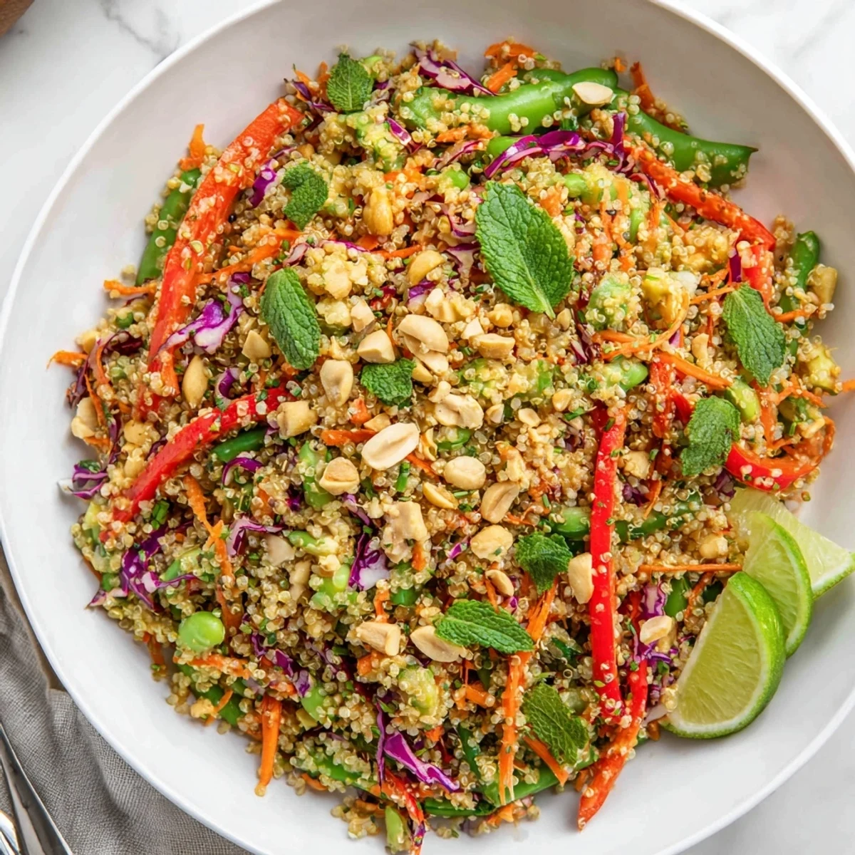 Bowl of Thai Quinoa Crunch Salad: colorful cabbage, lime wedges, fresh mint