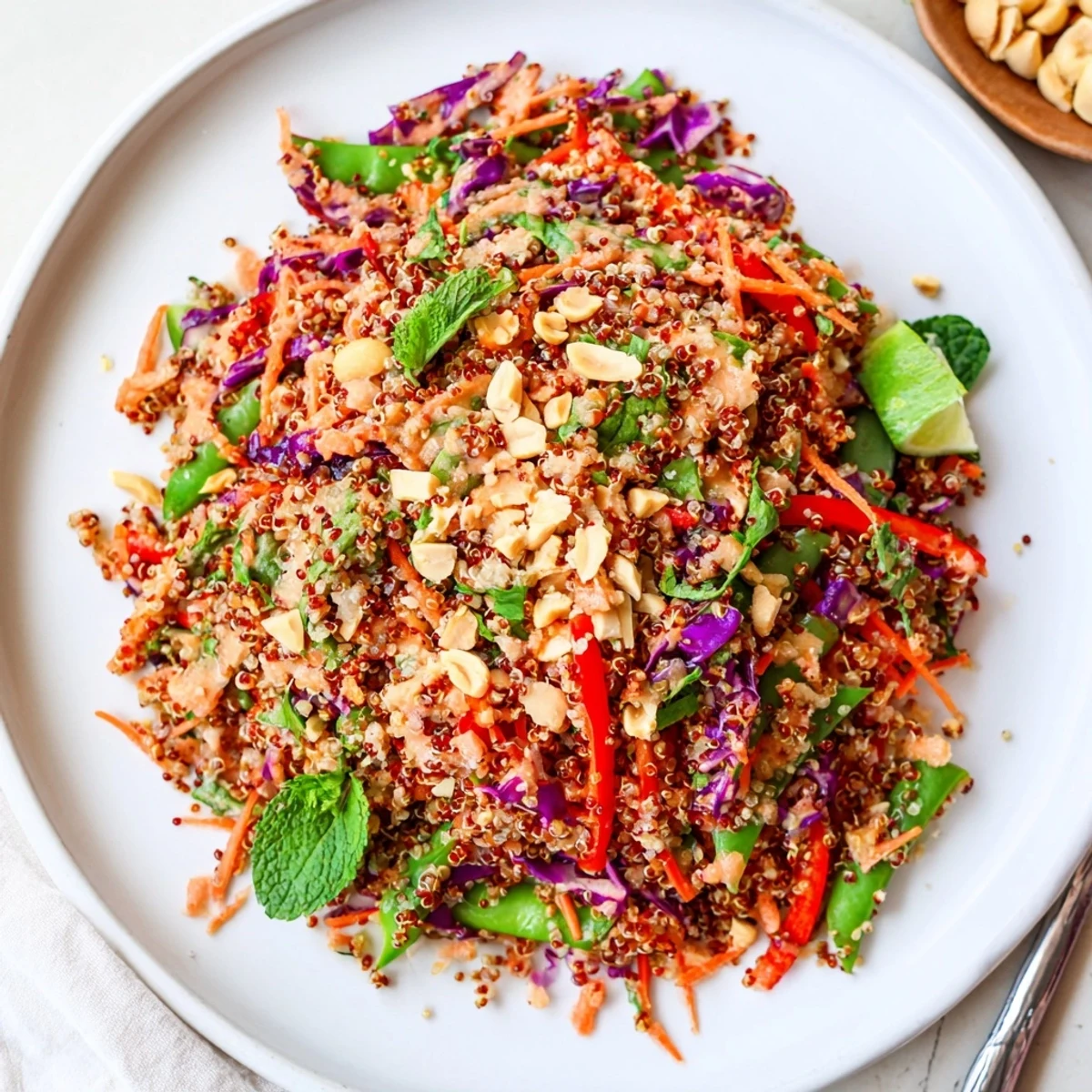 Serving suggestion: Thai Quinoa Crunch Salad tossed in creamy peanut-lime dressing