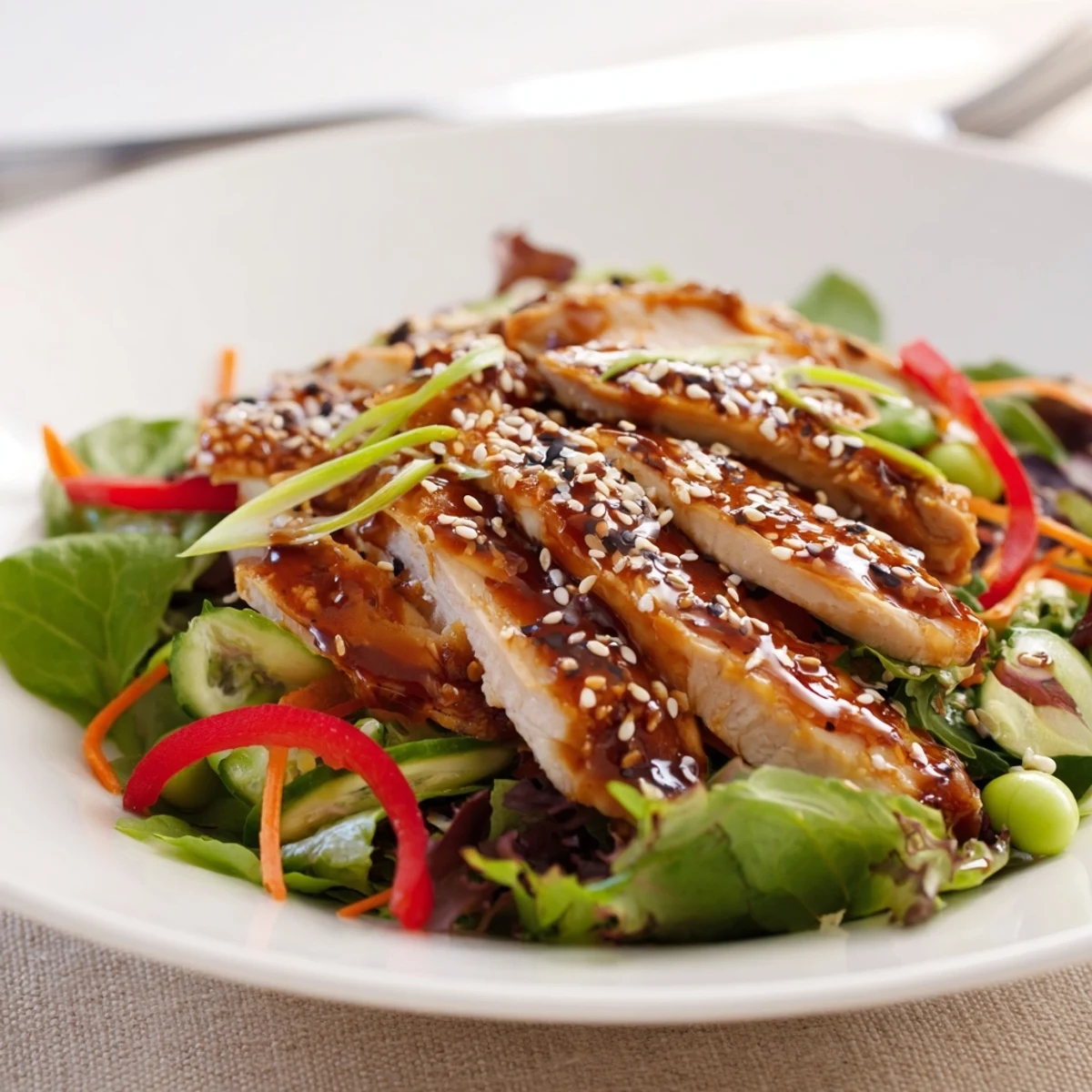 Sesame Chicken Salad with seared sliced chicken, crisp greens, tangy sesame dressing.