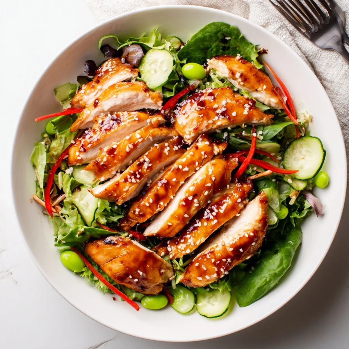 Bright Sesame Chicken Salad tossed with julienned carrots, cucumber, toasted sesame seeds.