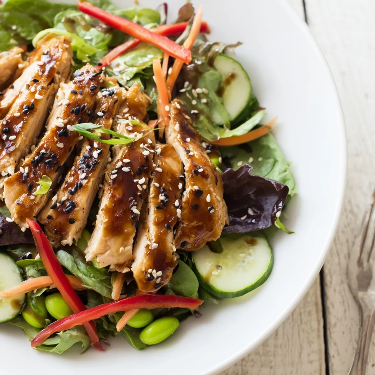 Family-style Sesame Chicken Salad plated for lunch, crunchy edamame and fresh ginger.