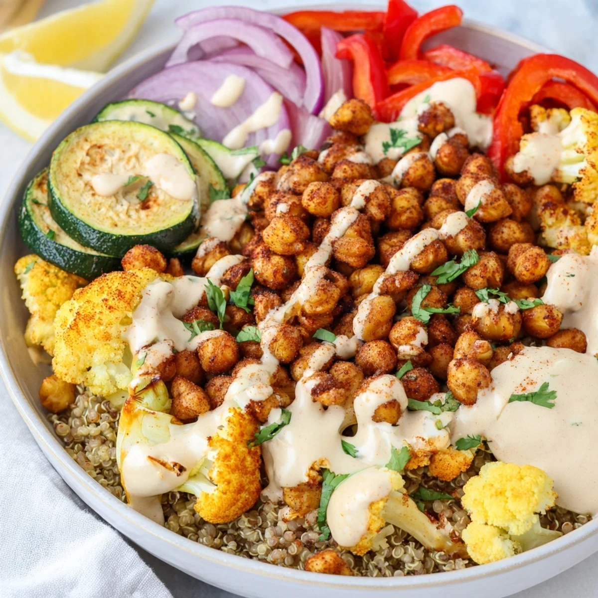 Golden Moroccan chickpea bowl with roasted vegetables and creamy lemon-tahini sauce