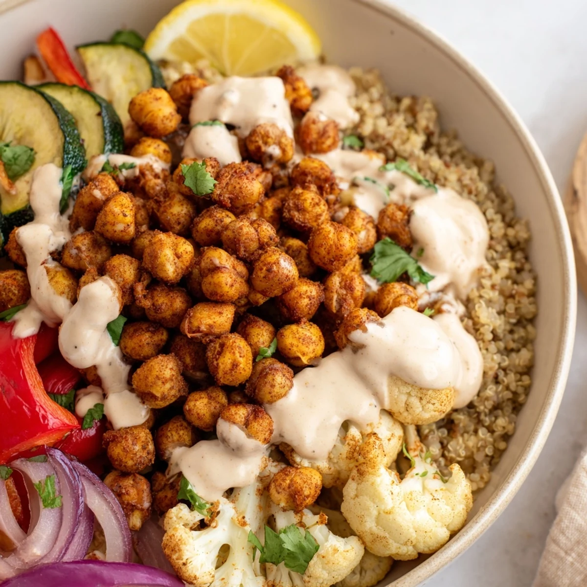 Vibrant Moroccan chickpea bowl topped with fresh herbs and zesty tahini drizzle