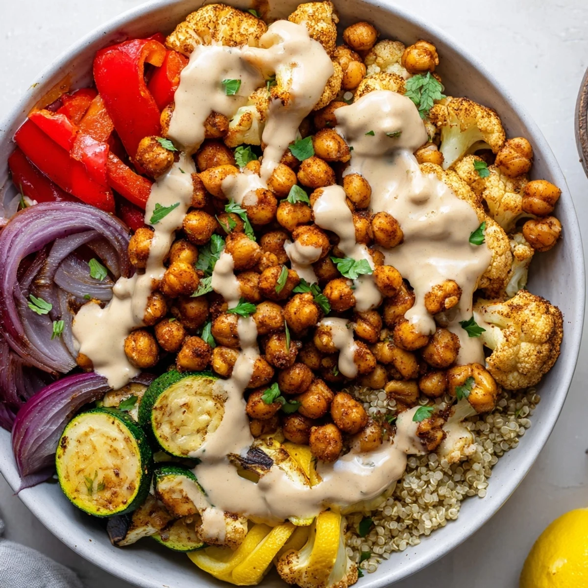 Warm spiced Moroccan chickpea bowl served over fluffy quinoa with roasted cauliflower
